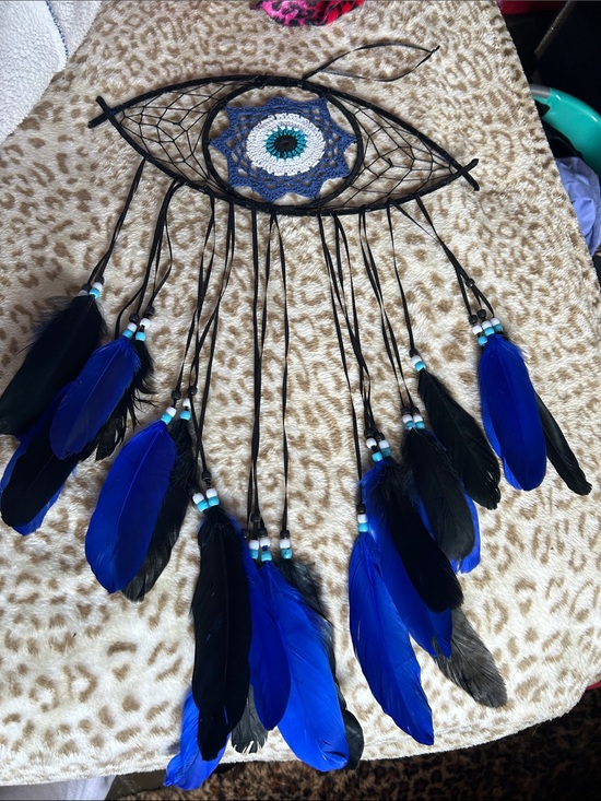 Other - Handmade Evil Eye Dreamcatcher with Blue & Black beads - Feathers